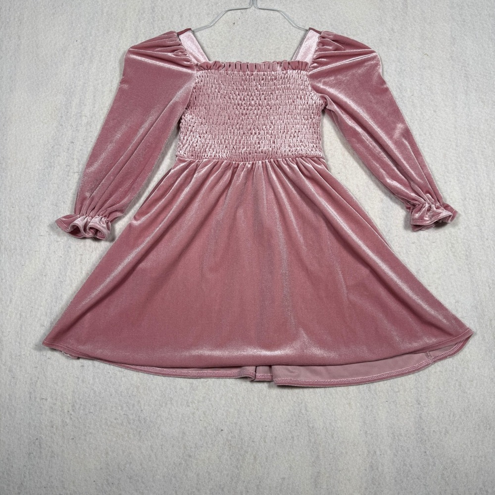 Arshiner Girls Pink Velvet Smocked Long Sleeve Dress Size 110 Square Neck Ruffle